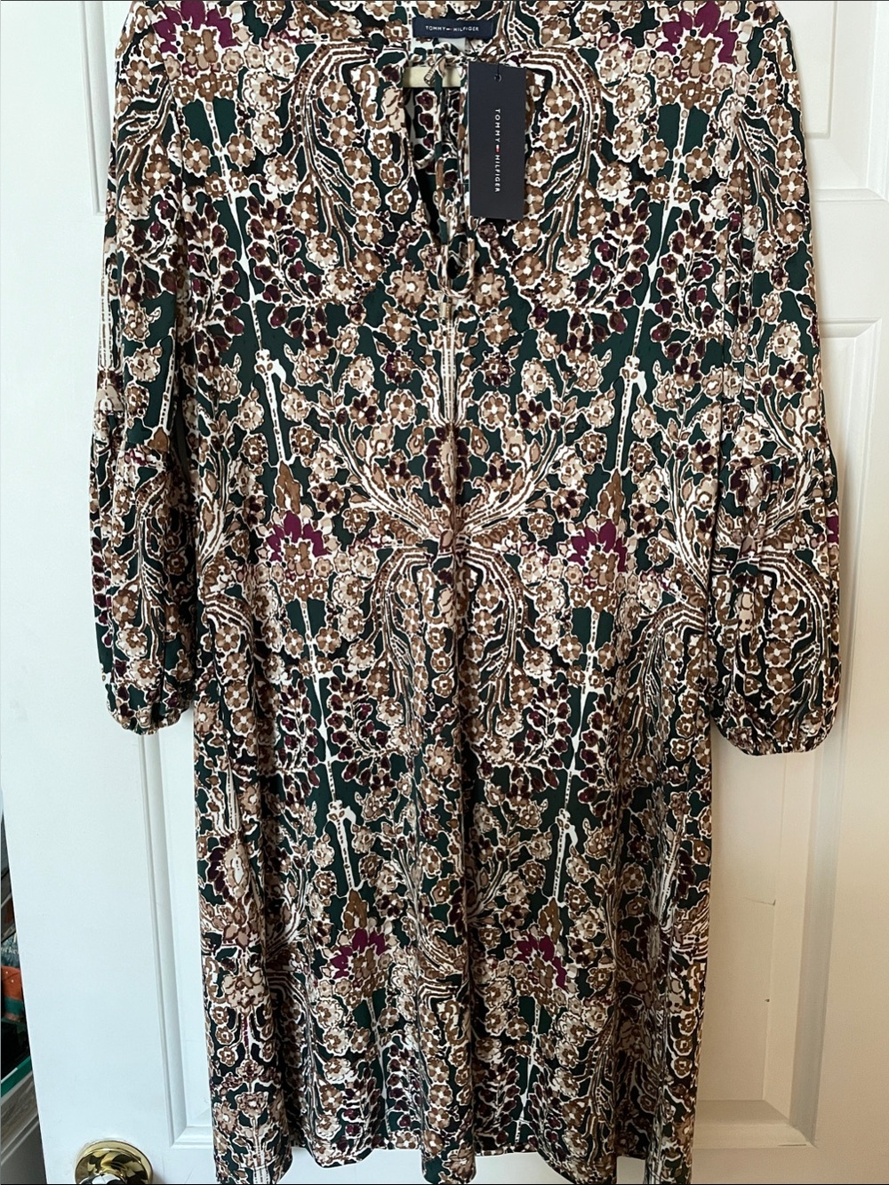 Tommy Hilfiger Deep Green Paisley Floral Midi Dress with Burgundy Accents